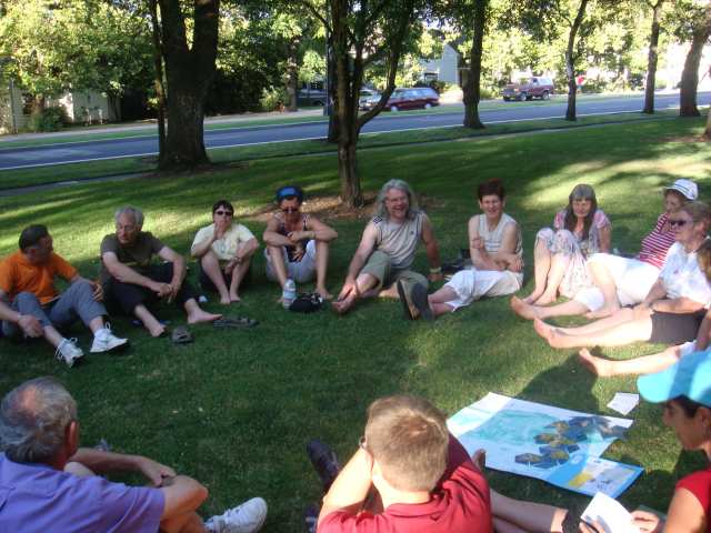 French-speaking tour group with vortex maps at Mt. Shasta
